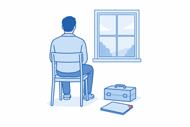 Взрослый сидит у окна, рядом закрытый кейс и папка